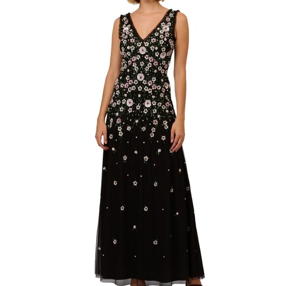 Adrianna Papell Petite Floral Beaded Mesh Long Ball Gown – Black Multi (NWT, Siz - Picture 1 of 5